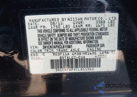 2012 Nissan Versa 1.6 Sl from USA, damaged, VIN 3N1CN7APXCL811561